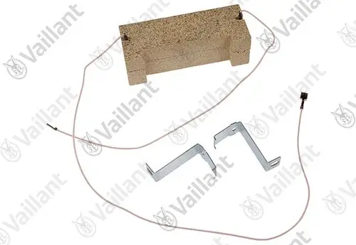 Widerstandsteil von Vaillant mit Dämmklotz und zwei Halteblechen, verbunden durch Drähte.
